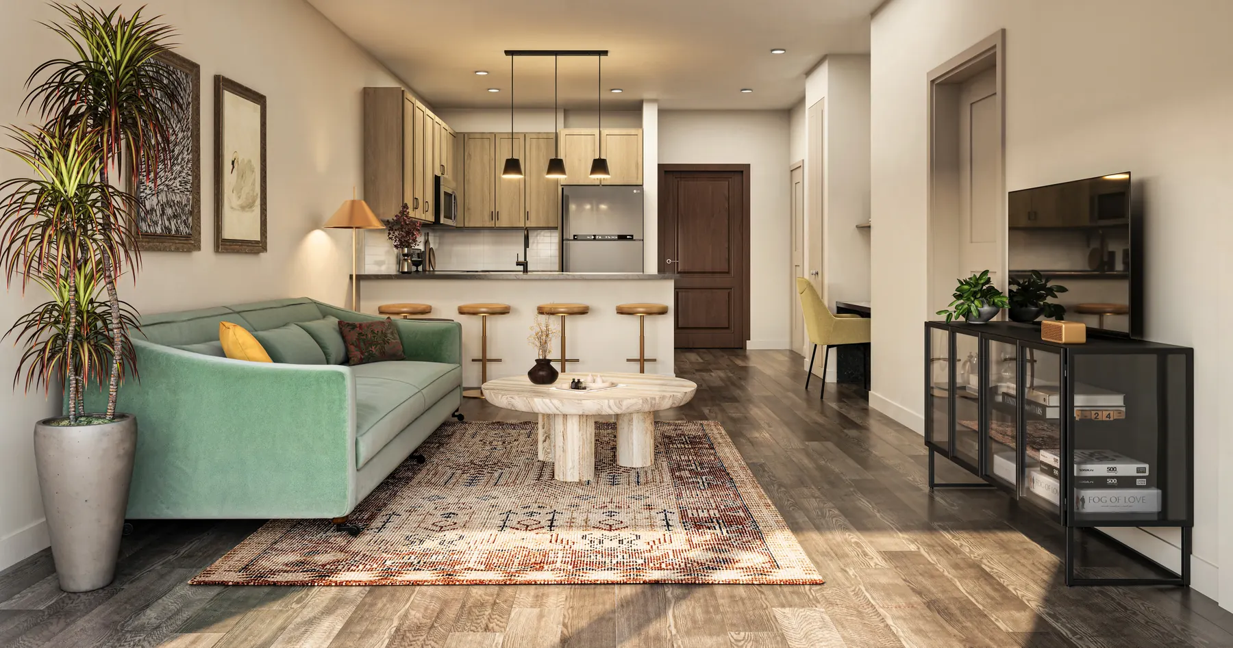 Roers Harlow Unit Living F — 3D architectural rendering by KONTEXT