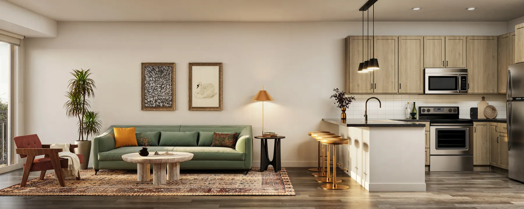 Roers Harlow Unit KitchenLiving F — 3D architectural rendering by KONTEXT